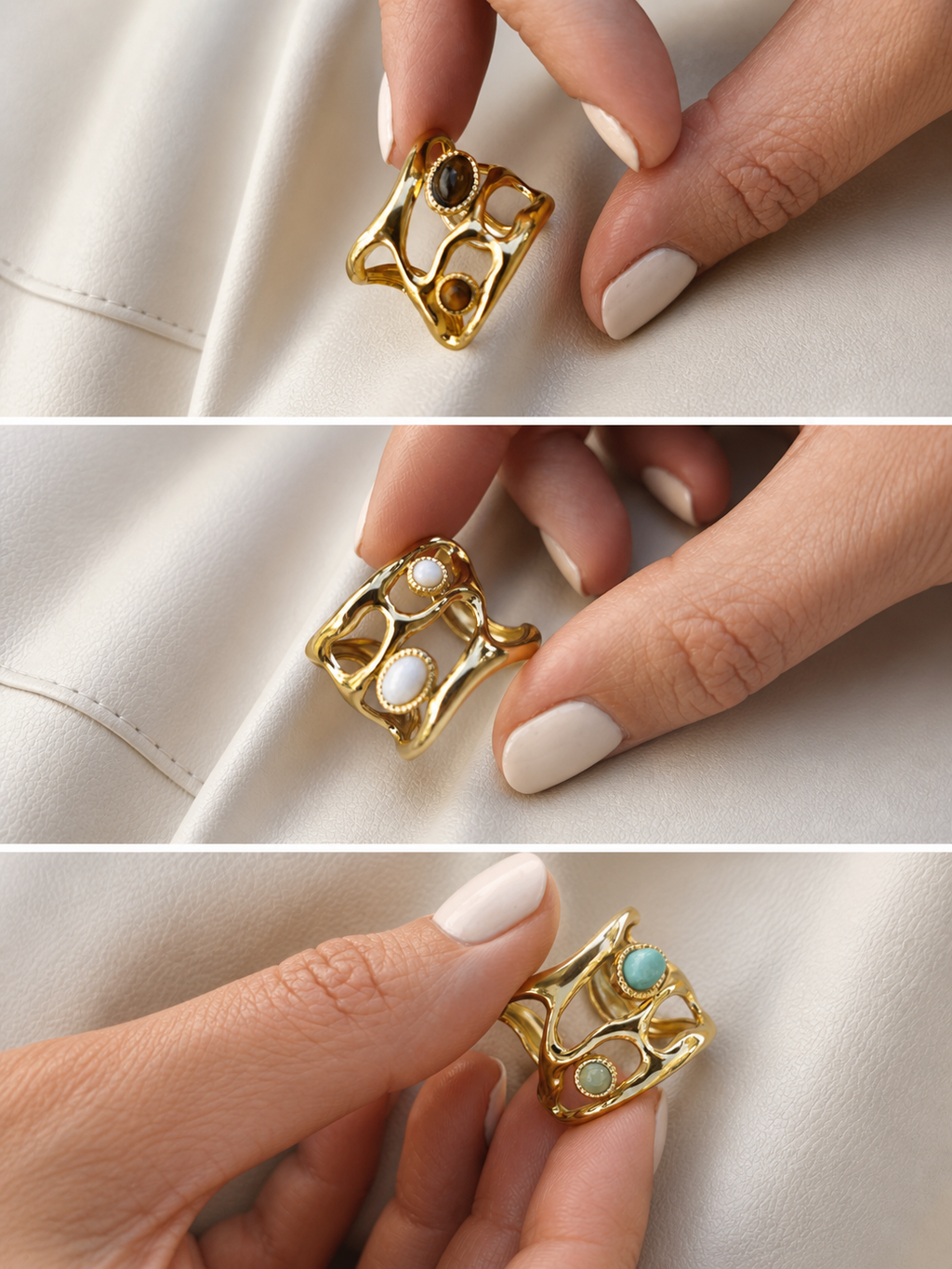 Anillo ajustable en acero con baño dorado y piedras