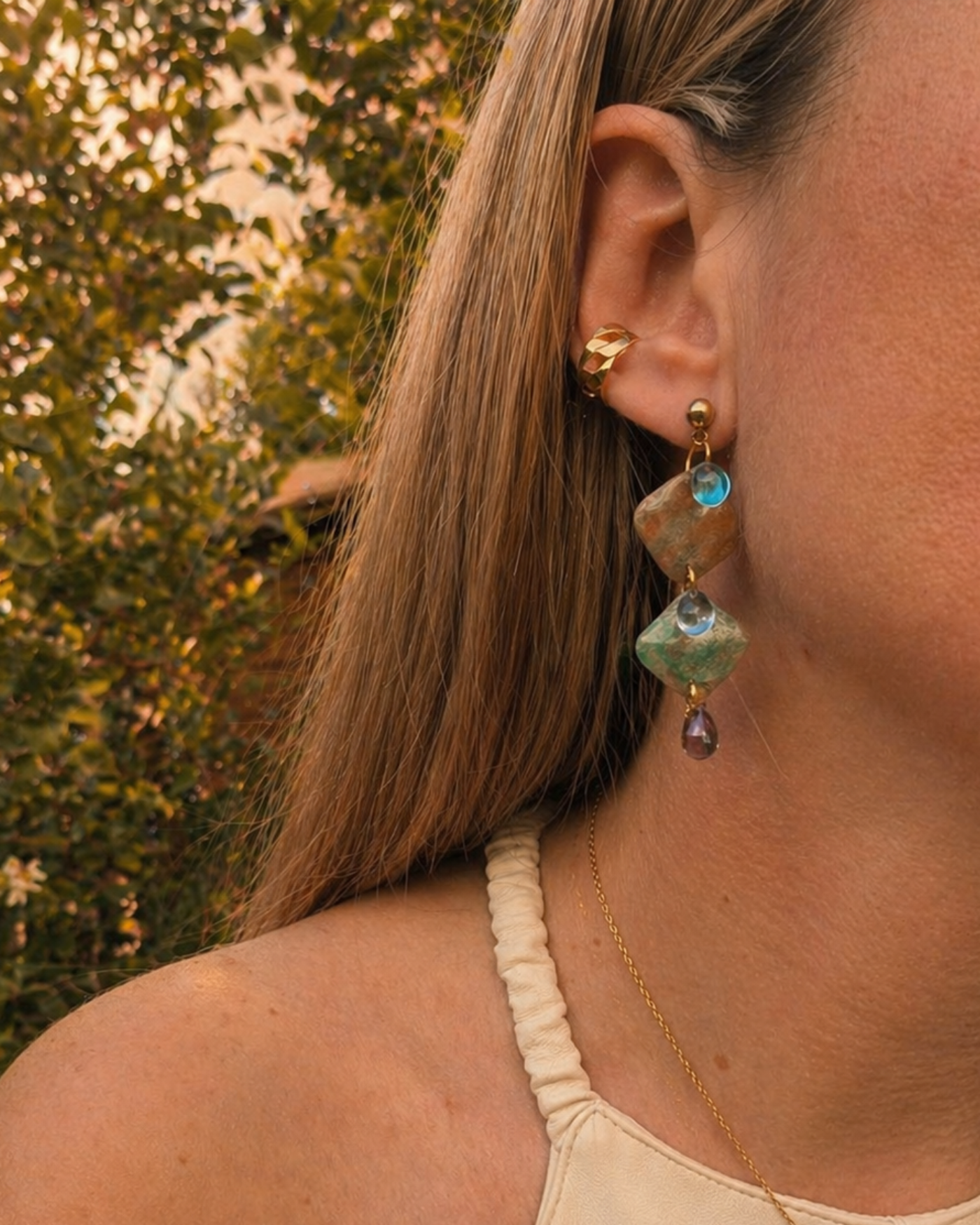 Pendientes largos mosaico gota en cristal checo