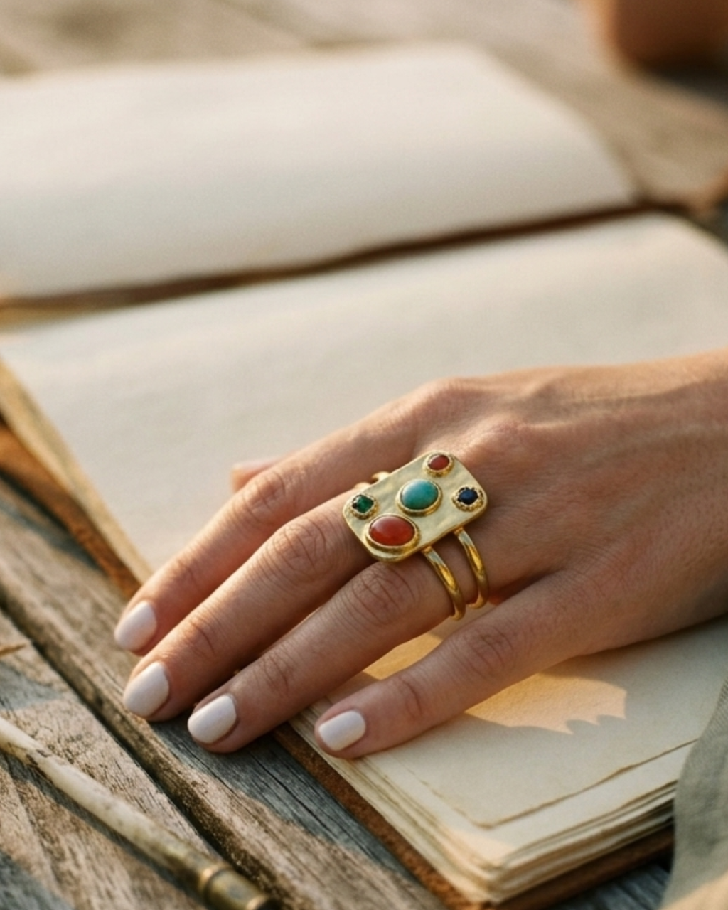 Anillo en acero dorado con incrustaciones