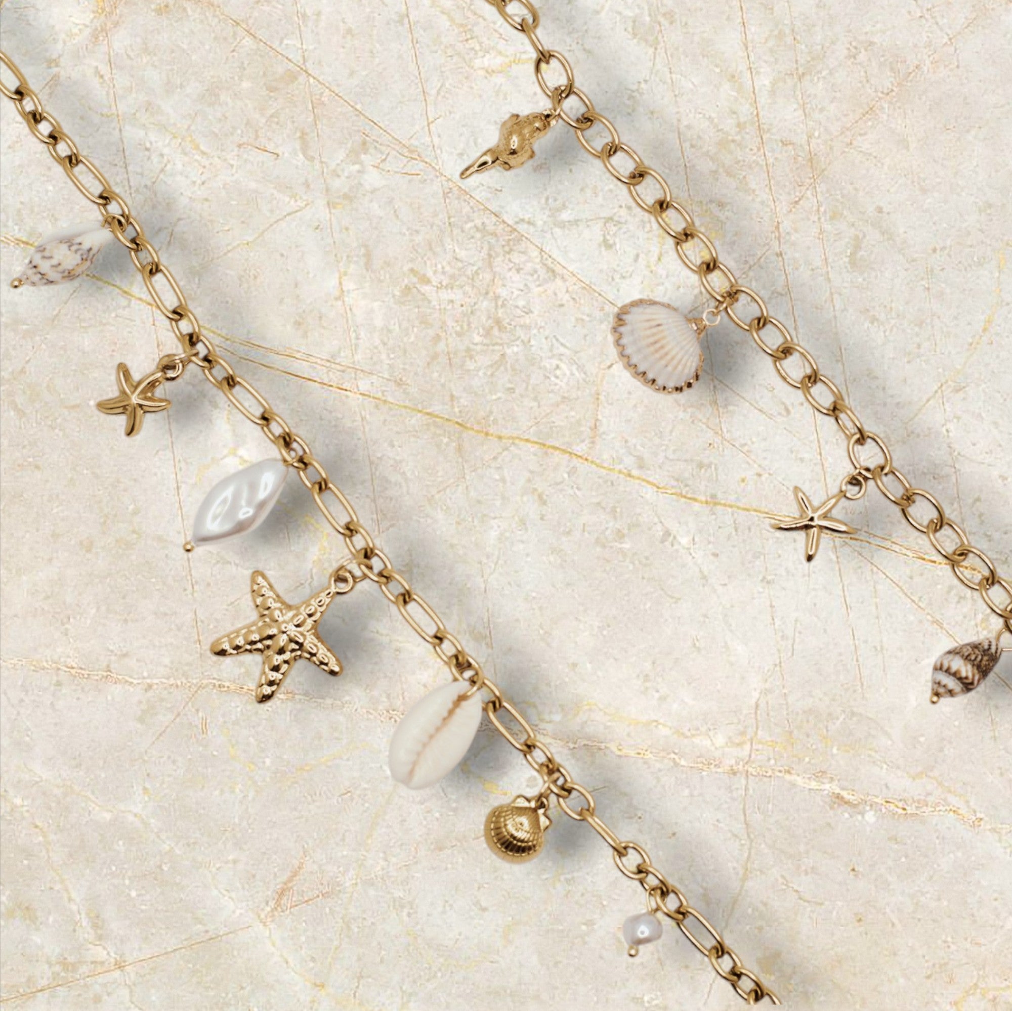Set Pulsera y Collar acero dorado abalorios inspirados en el mar