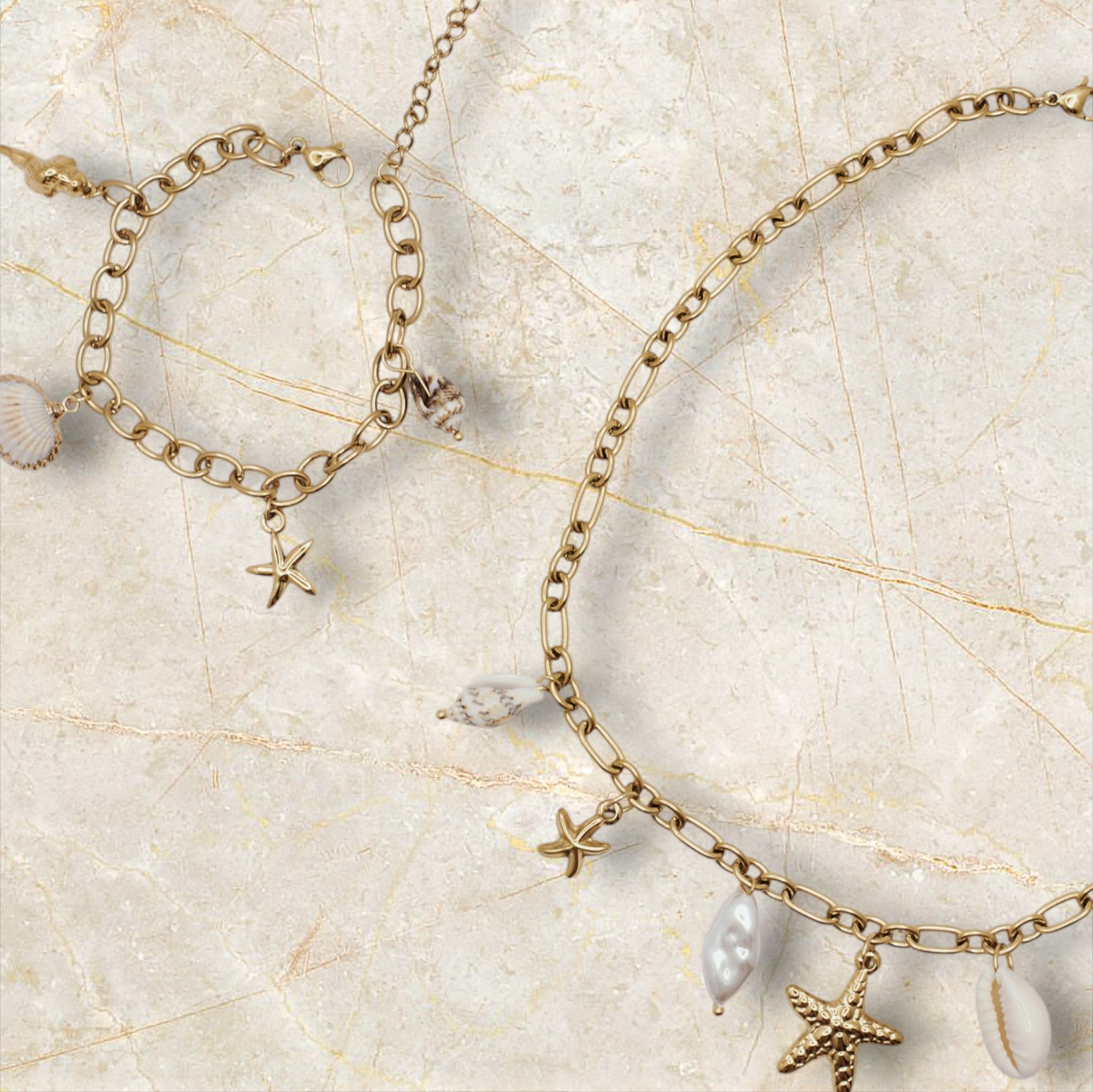Set Pulsera y Collar acero dorado abalorios inspirados en el mar
