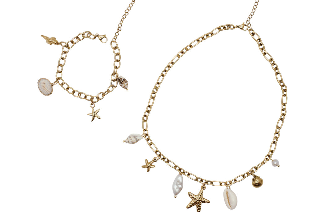 Set Pulsera y Collar acero dorado abalorios inspirados en el mar