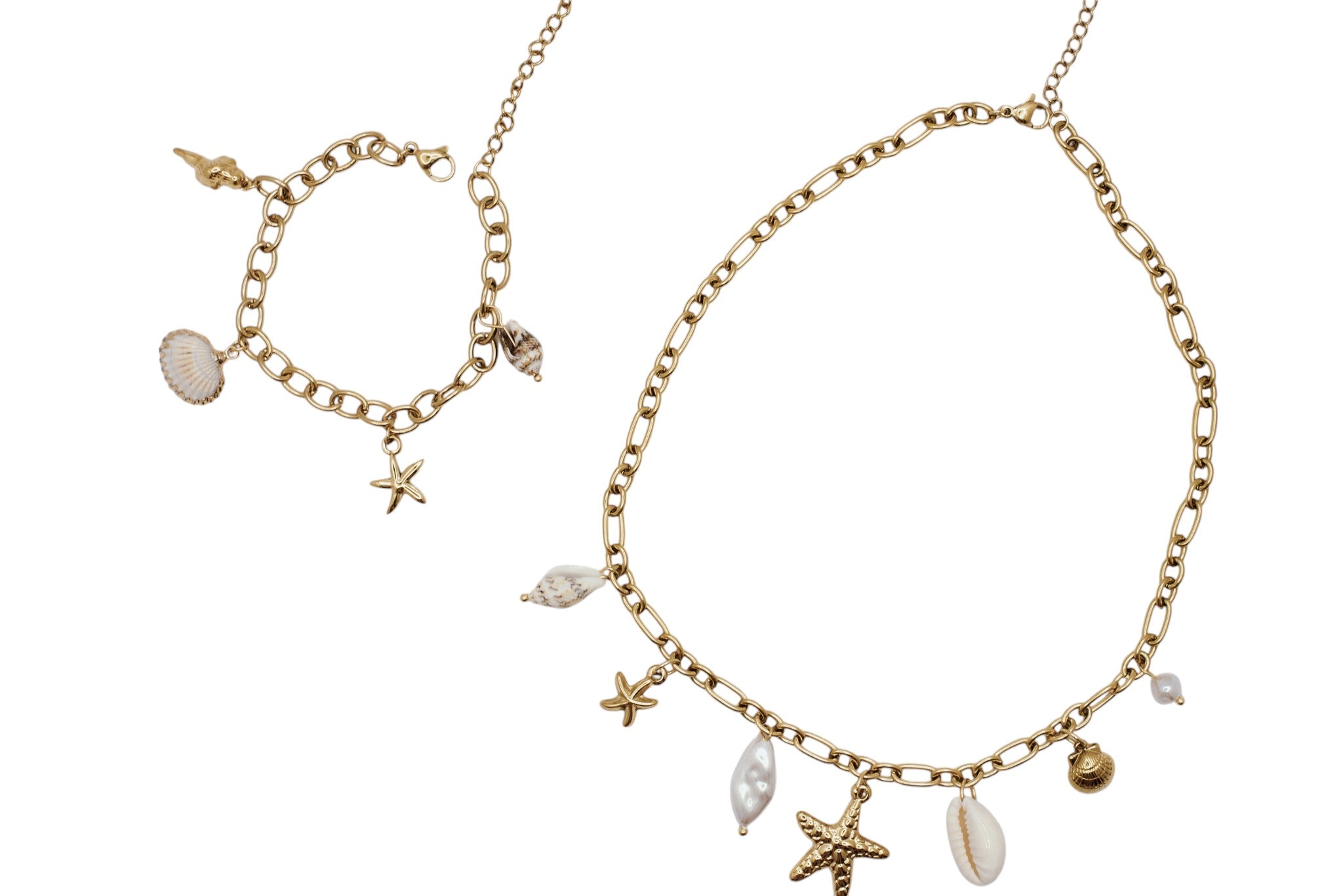 Set Pulsera y Collar acero dorado abalorios inspirados en el mar