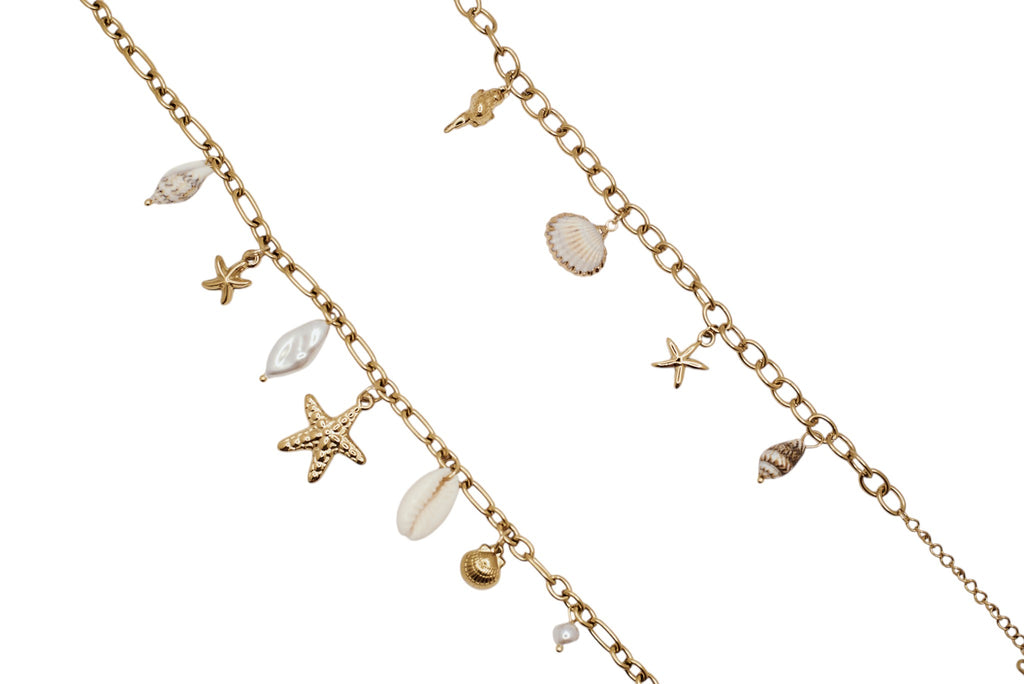 Set Pulsera y Collar acero dorado abalorios inspirados en el mar