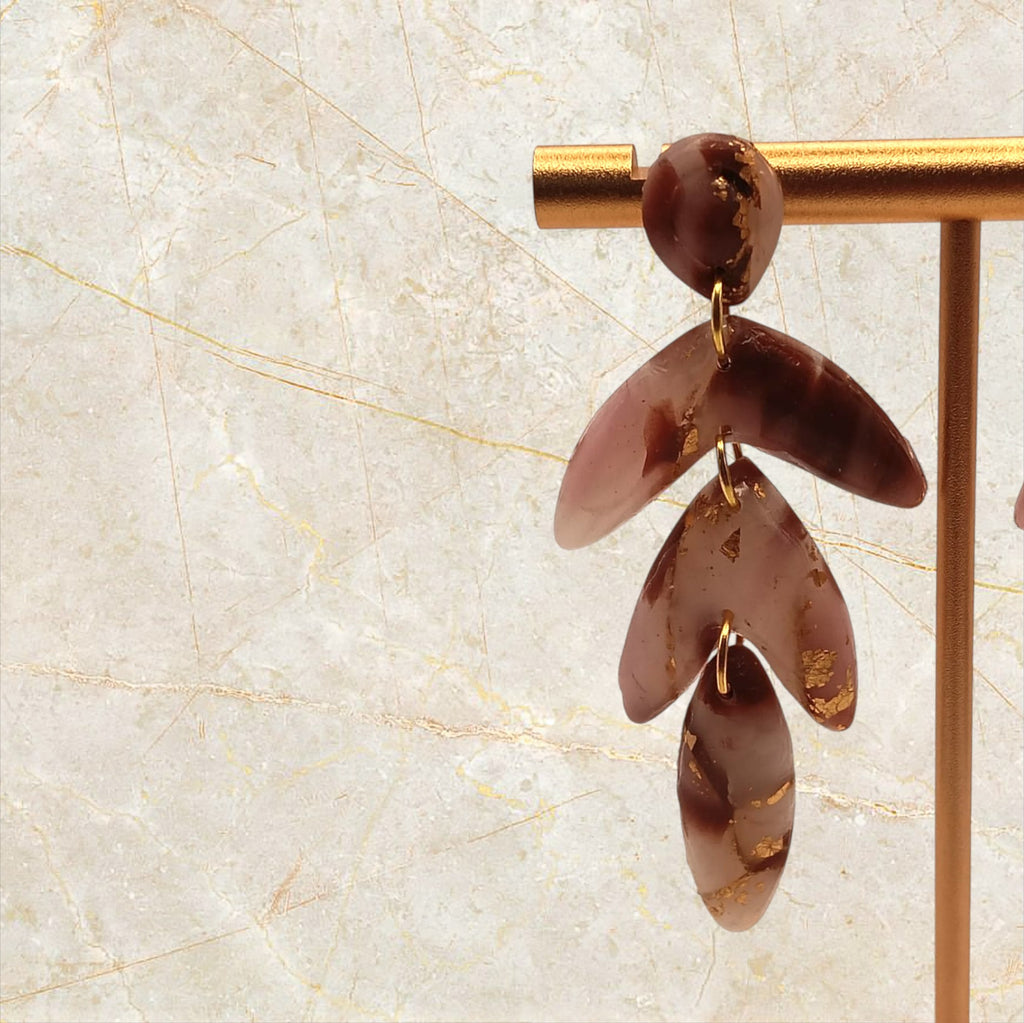 Ixe&Me I Pendientes largos hoja transparente, marrón y dorado