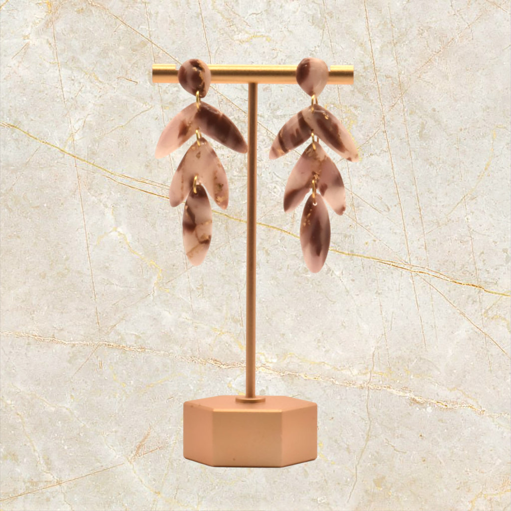 Ixe&Me I Pendientes largos hoja transparente, marrón y dorado