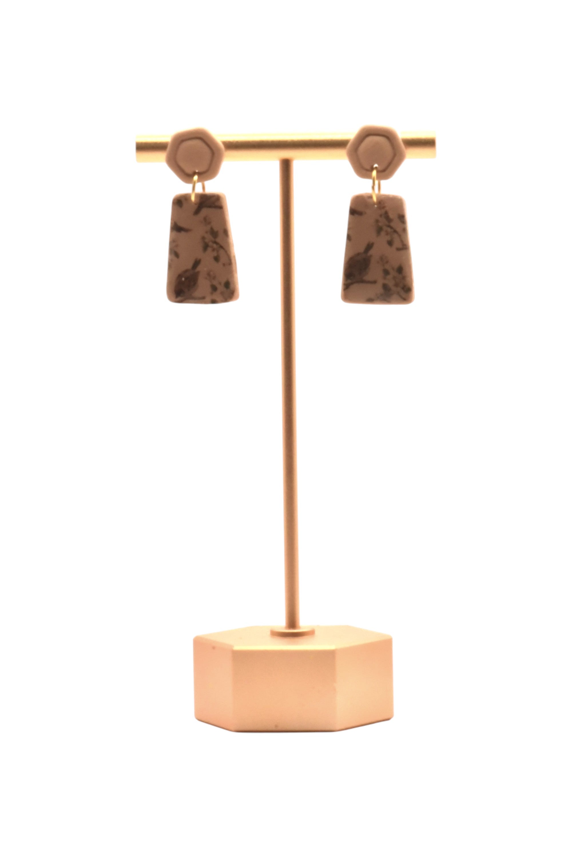 Ixe&Me I Pendientes cerámica beige con estampado pájaro vintage