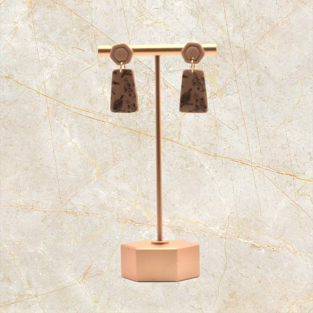 Ixe&Me I Pendientes cerámica beige con estampado pájaro vintage