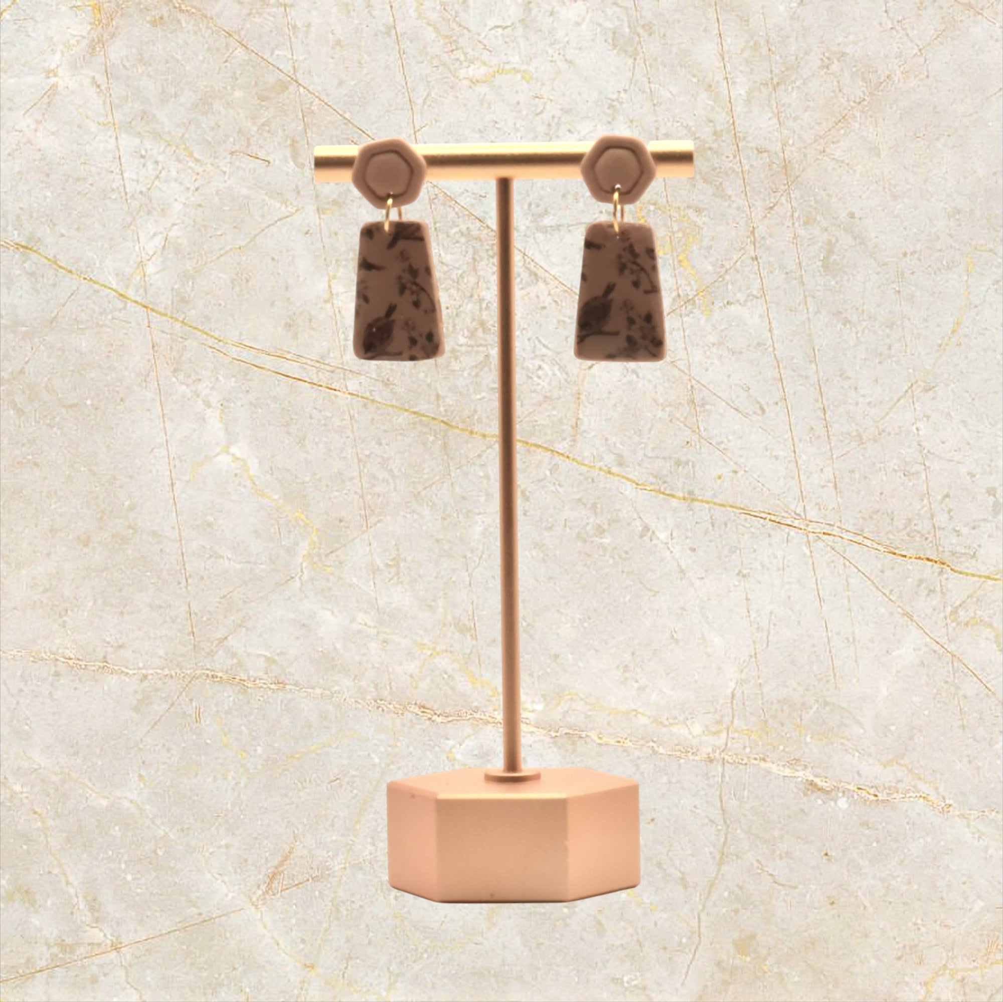 Ixe&Me I Pendientes cerámica beige con estampado pájaro vintage