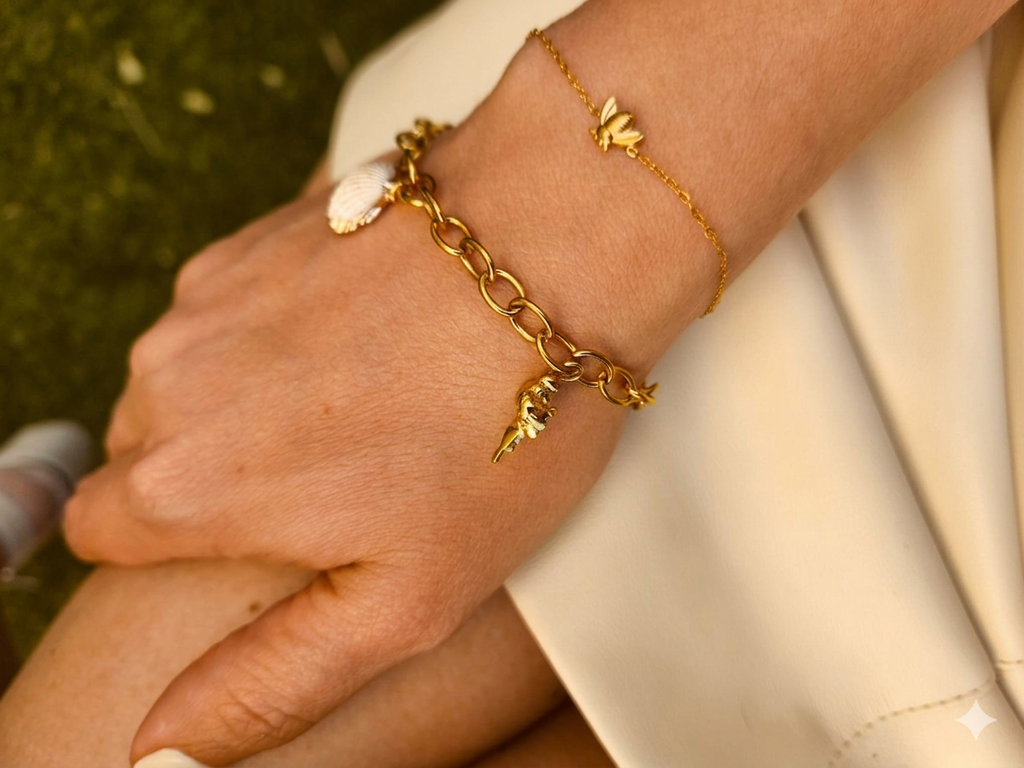 Set Pulsera y Collar acero dorado abalorios inspirados en el mar