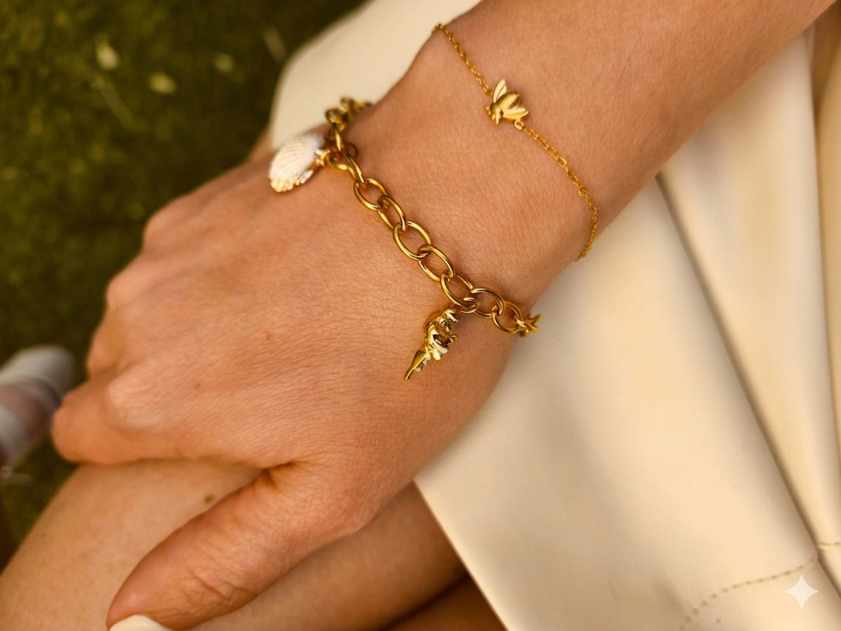 Set Pulsera y Collar acero dorado abalorios inspirados en el mar