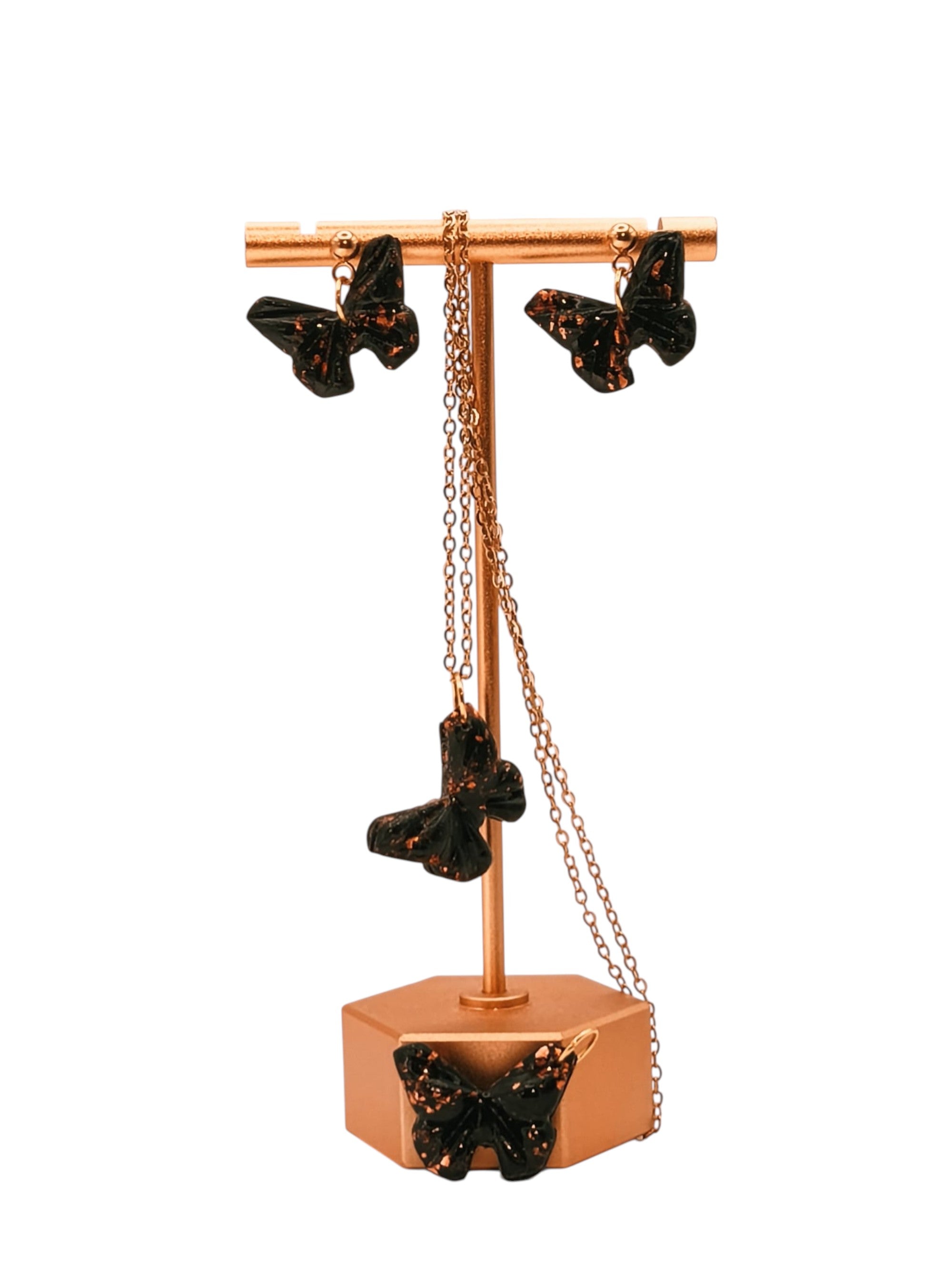 Conjunto de pendientes, colgante y charm para pulsera en acero 316 mariposas negro y cobre