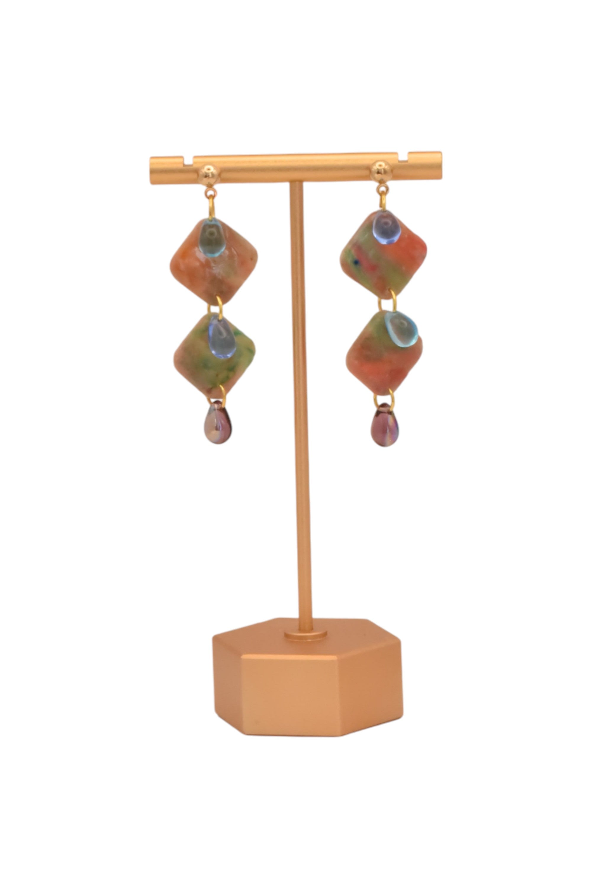 Ixe&Me I Pendientes largos mosaico modernista acero y gota en cristal de bohemia